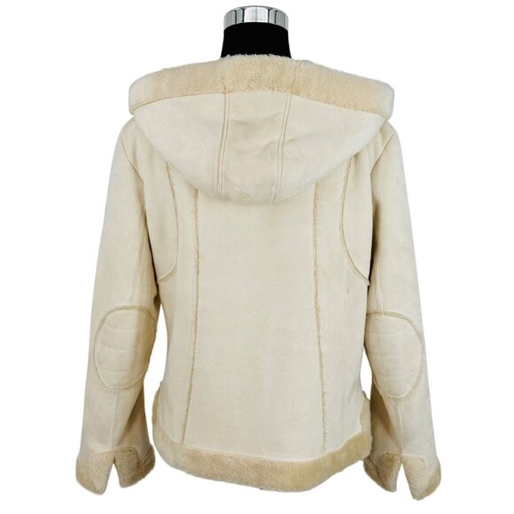 Vtg Y2K Hydraulic Hooded Cream Faux Suede & Fur Lined Penny Lane Coat | Boho Lg - Picture 8 of 16